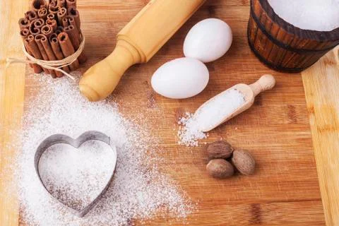 Heart shape and baking ingredients Stock Photos