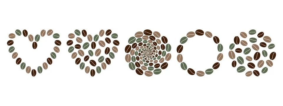 Heart shape and Round Frames and Backdrops made of multicolor coffee Beans Copy 스톡 일러스트