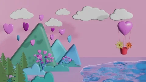 Heart shape balloon floating over forest with group of heart levitate over mo Stock Footage 121436798