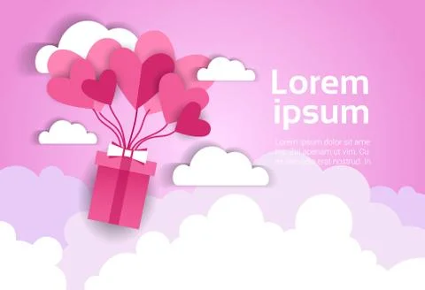 Heart Shape Balloons With Present Box Fly In Sky Over Pink Clouds Background Illustrazione stock