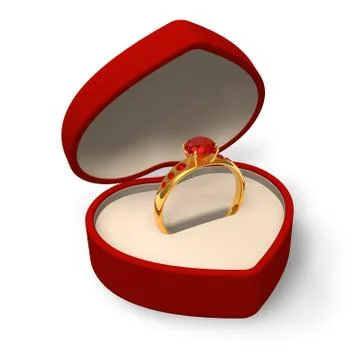 Heart-shape box with golden ring with jewels Illustrazione stock
