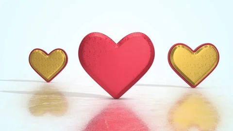 Heart Shape Boxes on a Reflective Floor. Red and Golden Heart Boxes 3D. 4K Vidéo 295639630
