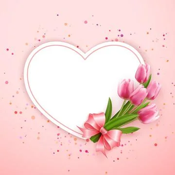Heart shape card banner pink elegant tulip flower and cute ribbon Stock Illustration