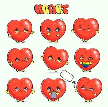 Heart shape characters bundle set. Vector hand drawn doodle style cartoon c.. Stock Illustration