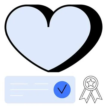 Heart Shape with Checkmark on Document and Award Ribbon Representing Approv.. Illustrazione stock
