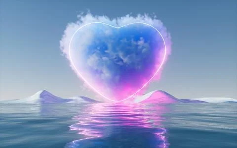 Heart shape cloud with glowing neon lines, 3d rendering. Stock Illustration