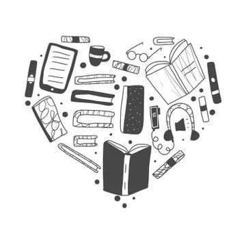 Heart shape composition with books set in doodle style. Symbols of reading is Stock Illustration