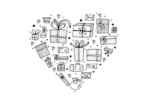 Heart shape composition of gift boxes. Collection of holiday presents in dood Stock Illustration