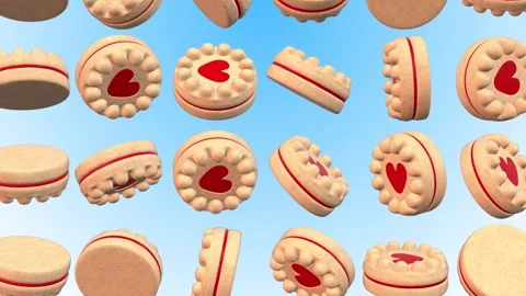 Heart Shape Cookies Falling on a Blue Background. 3D Biscuit Animation. 4K Stock Footage 284080423