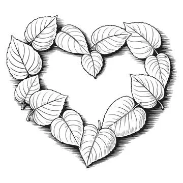 A heart shape creatively formed from detailed botanical leaf illustrations Stock Illustration