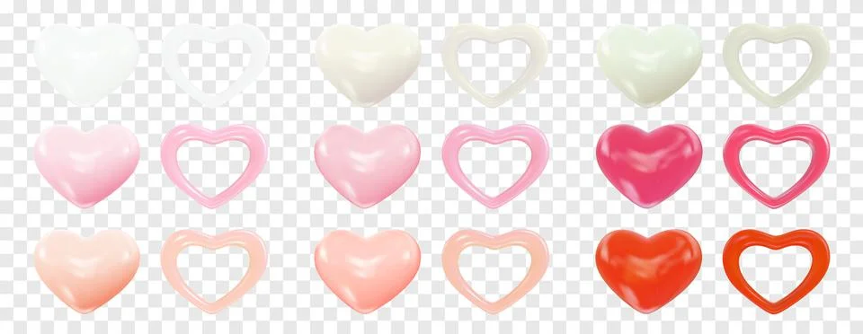 Heart shape decorations set. Isolated volume hearts on a transparent background Stock Illustration