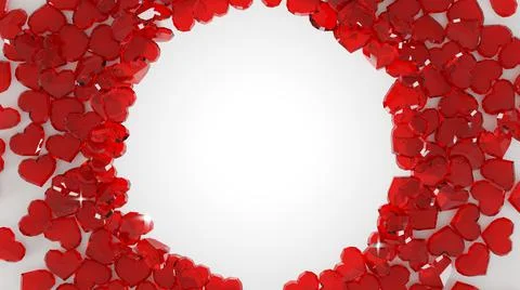 Heart shape faceted red ruby gemstones scattered on a white background. Stock Illustration