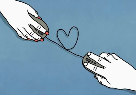 Heart shape forming between couple online dating Ilustração Stock
