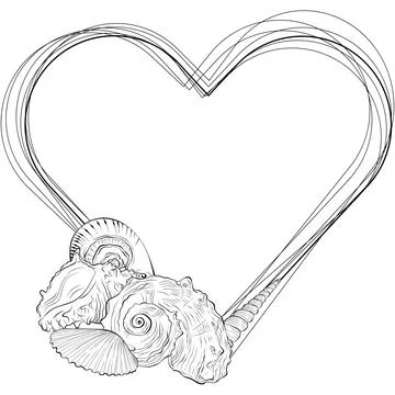 Heart shape frame from hand drawn sea shells Stock Illustration