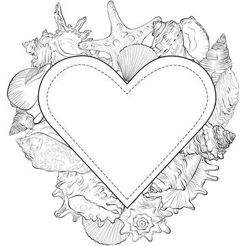 Heart shape frame from hand drawn sea shells and starfish Stock Illustration
