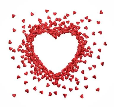 Heart shape frame made of small, red confetti hearts, isolatd on white Stock Photos
