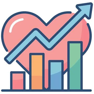 Heart shape with growth bar chart and upward arrow flat outline icon. Stock Illustration