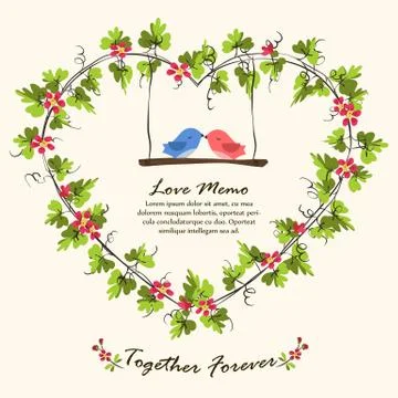 Heart shape leaf frame and love birds. Illustrazione stock