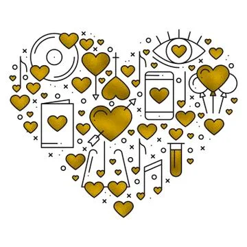 Heart shape with love elements in gold. Heart vector illustration. Love couple Illustrazione stock