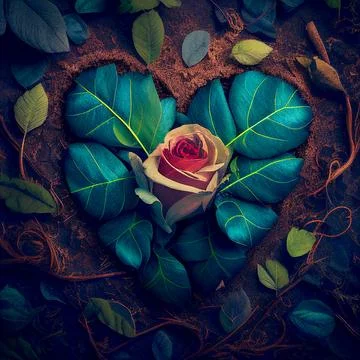 Heart shape made of blooming rose and green leaves, natural arrangement 스톡 일러스트