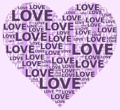 Heart shape made of multiple Love words in purple violet and pink colours Stock Illustration