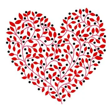 Heart Shape Made of Red Leaves and Floral Branches Stock Illustration