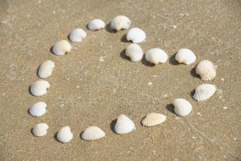 Heart Shape made of shells on the sandy beach Stock Photos