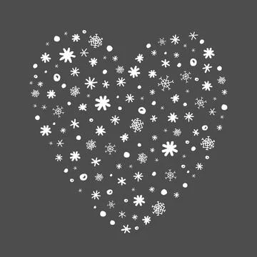 Heart shape made by snowflakes. Vector doodle illustration isolated on dark Stock Illustration