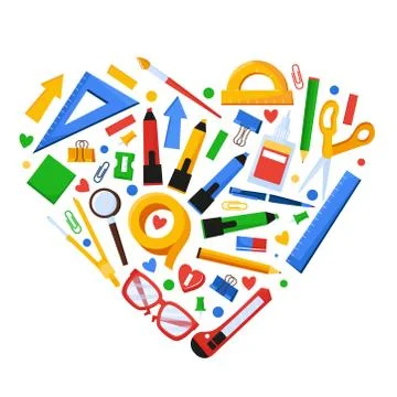 Heart shape is made of stationery. Back to school concept. Vector flat cartoon Stock Illustration