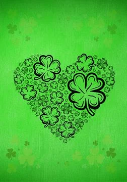 Heart shape with multiple black outlined clover pattern on green background Stock Illustration