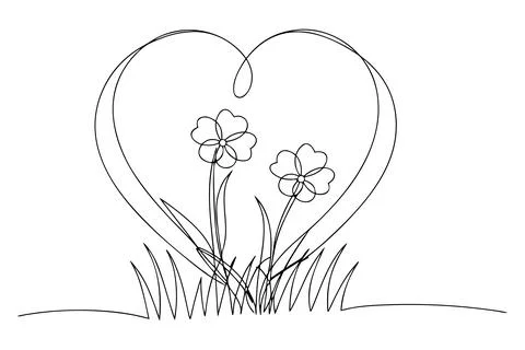 Heart shape outline with two flowers and grass love Stock-Illustration