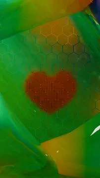 Heart shape pattern behind hexagon grid on colored geometric background.... Stock Illustration