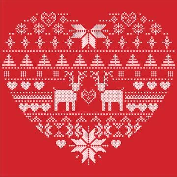 Heart shape pattern with reindeers , hearts, xmas trees on red background Stock Illustration