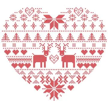 Heart shape pattern with reindeers , hearts, xmas trees Stock Illustration