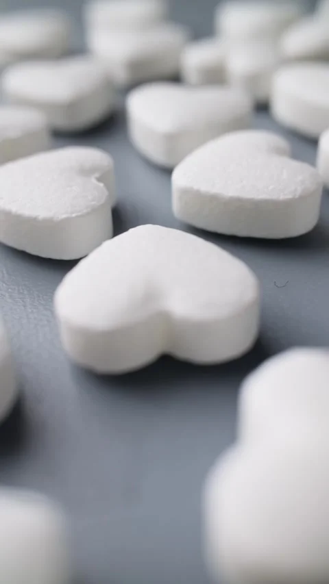Heart shape pills rotating on table. Pharmaceutical market, medication treatment Stock Footage 304287745