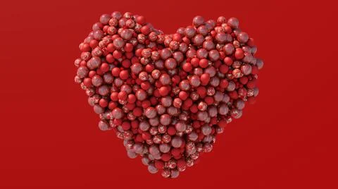 Heart shape with red textured balls, red background. 3d render. Stock Illustration