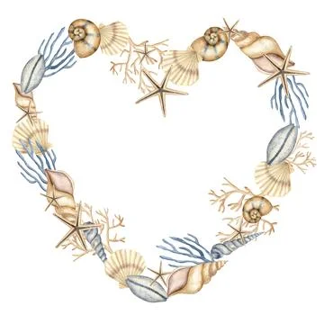 Heart shape Seashell Frame. Hand drawn watercolor illustration of Sea Shells on Stock Illustration
