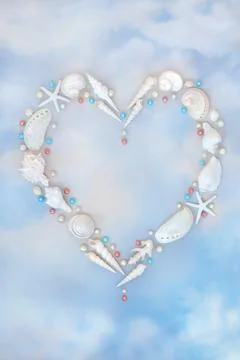 Heart Shape Seashell Romantic Wreath Frame with Pearls Stock Photos