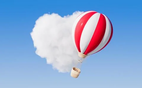Heart shape soft cloud and hot air balloon, 3d rendering. Stock Photos