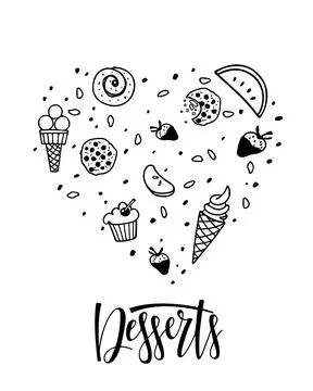Heart shape of sweets with Desserts text isolated. Different kinds of sweets Stock Illustration