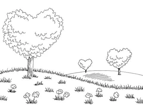 Heart shape tree graphic black white landscape sketch illustration vector Stock Illustration
