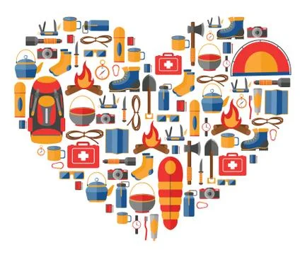 Heart shape vector illustration with camping and hiking equipment Stock Illustration