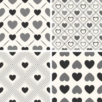Heart shape vector seamless patterns. Black and white colors Stock Illustration