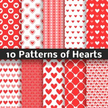 Heart shape vector seamless patterns. Red color Stock Illustration
