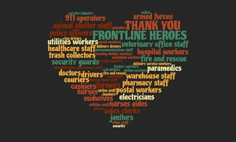 Heart Shape Word cloud for essential workers and frontline heroes during COVID Stock Illustration