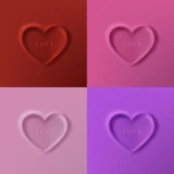 Heart shaped 3D shape frame design in red, violet, pink and soft red tones set. Stock Illustration