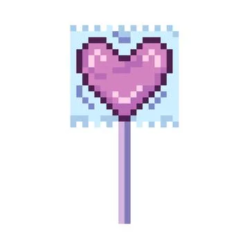 Heart shaped and packaged pixel lollipop, 8 bit, retro, y2k pixel icon on a.. Stock Illustration