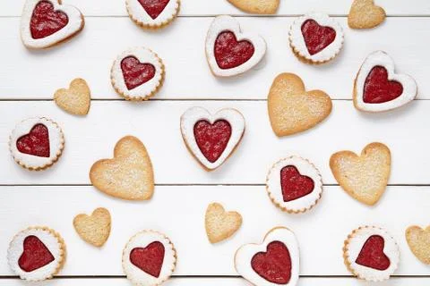 Heart shaped and shortbread cookies with jam gift composition for Valentines Day Stock Photos