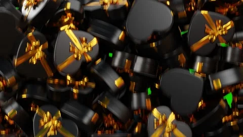 Heart-shaped black gift boxes are falling on a green screen. Video stock 257769789