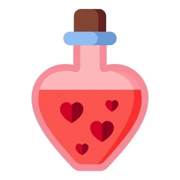Heart shaped bottle icon filled with a romantic pink liquid and floating hearts 스톡 일러스트